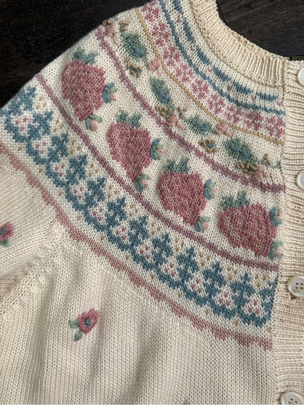 Vintage Charter Club 100% Wool Rose Fair Isle Cardigan Floral Sweater L - Picture 5 of 12